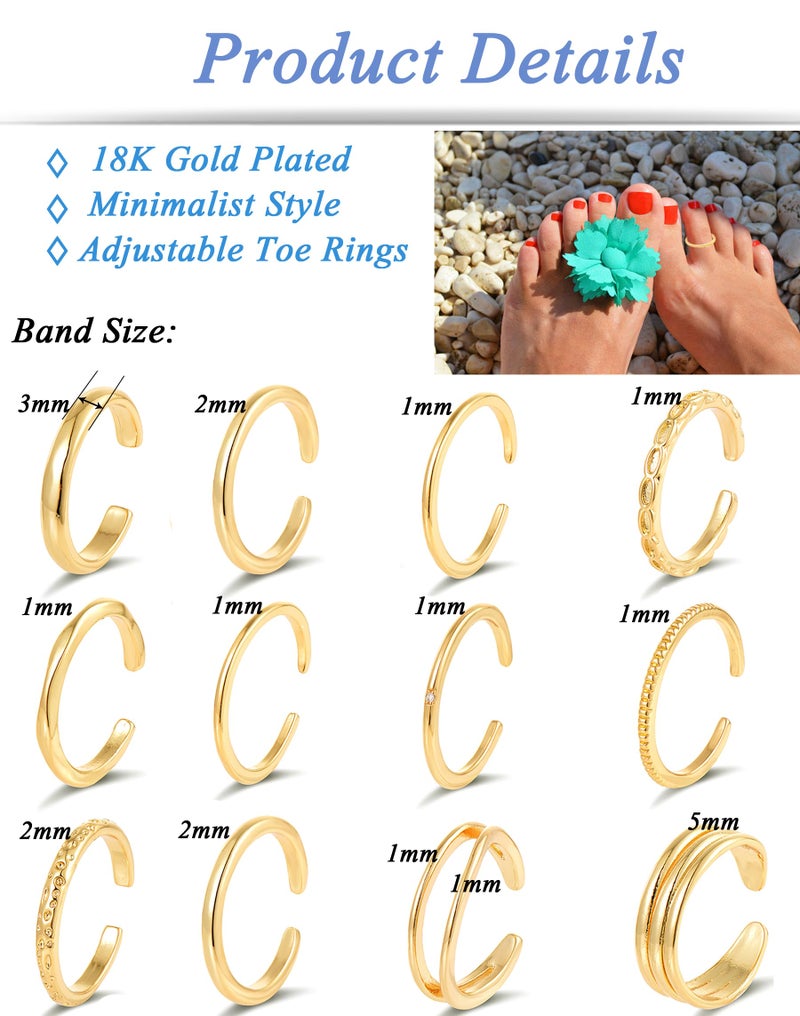 Tornito 12Pcs 18K Gold Filled Toe Rings Minimalist Thin Wire Cubic Zirconia Summer Beach Toe Rings Open Adjustable Foot Jewelry for Women Gold Tone - Image 2