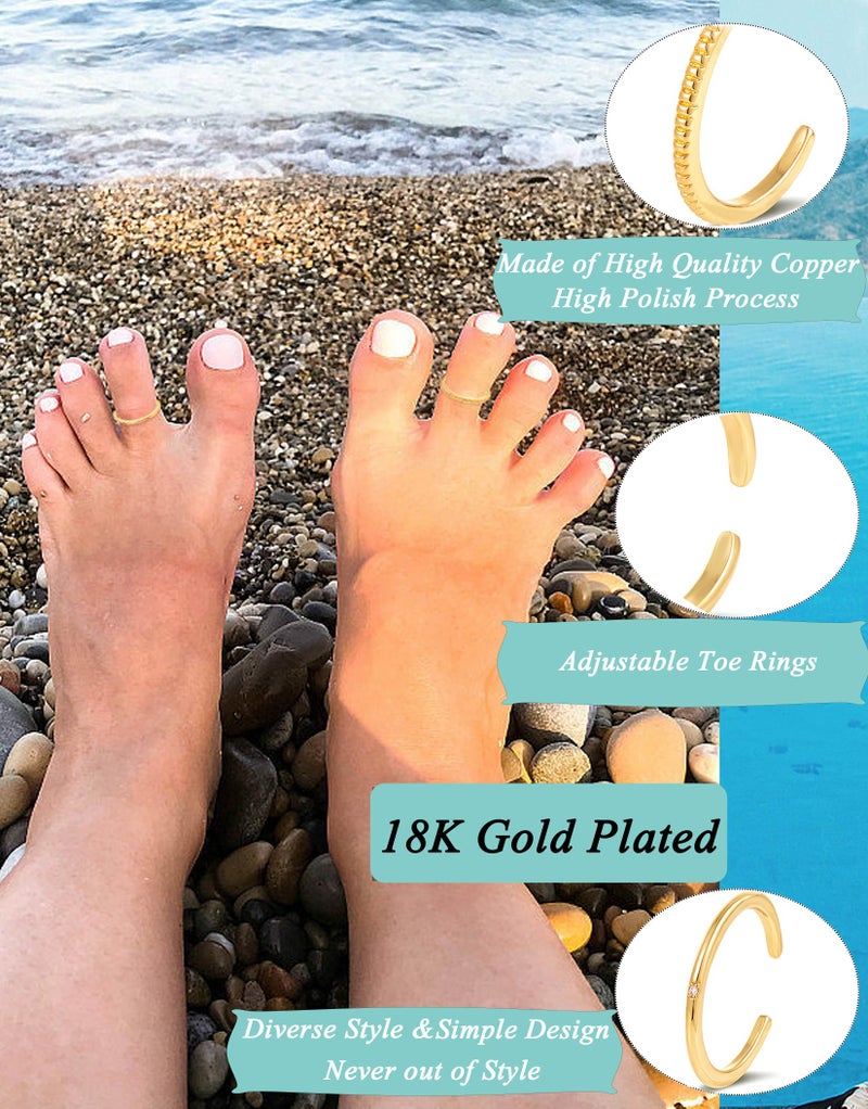 Tornito 12Pcs 18K Gold Filled Toe Rings Minimalist Thin Wire Cubic Zirconia Summer Beach Toe Rings Open Adjustable Foot Jewelry for Women Gold Tone - Image 3