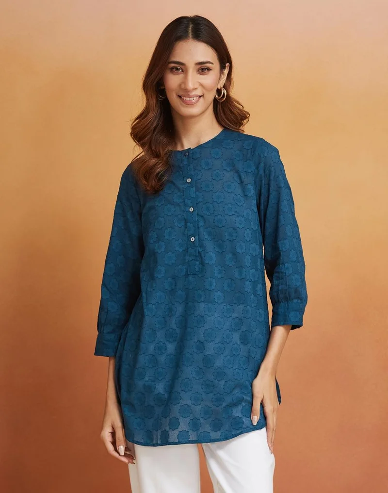 فاب انديا Blue Cotton Woven Tunic