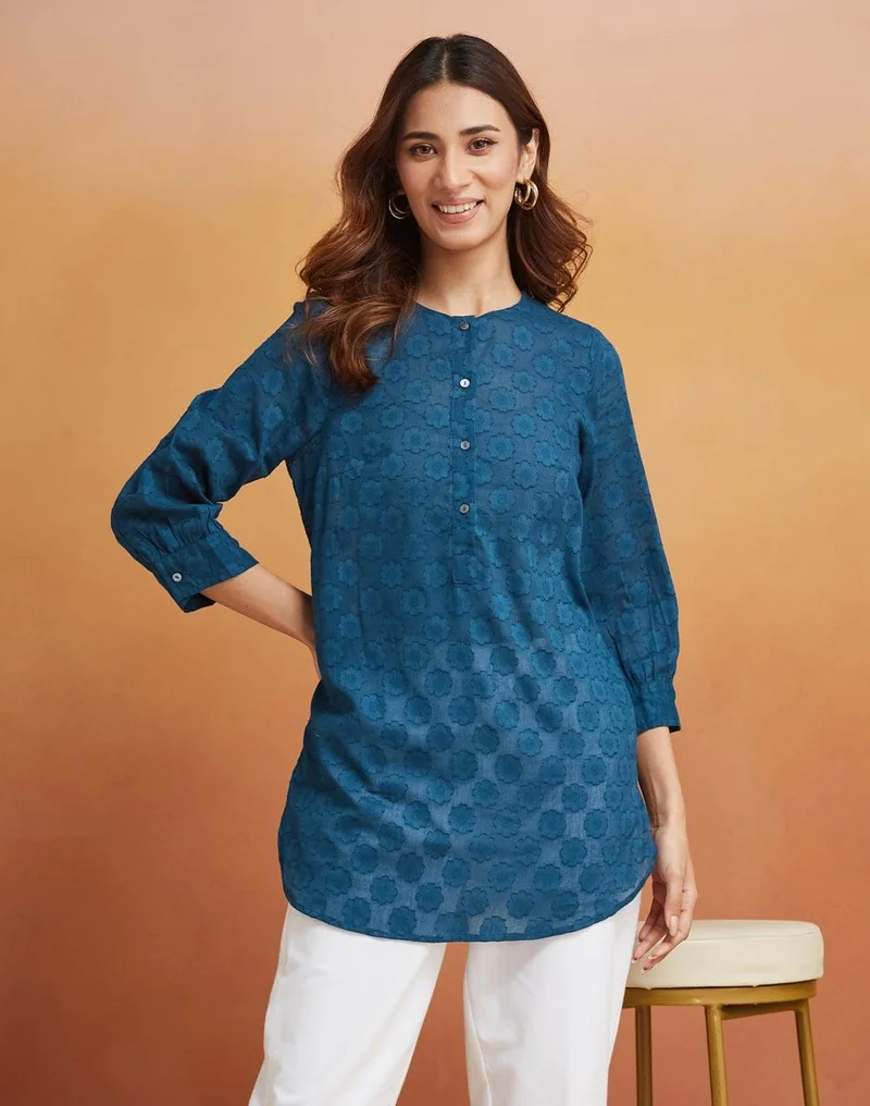 فاب انديا Blue Cotton Woven Tunic