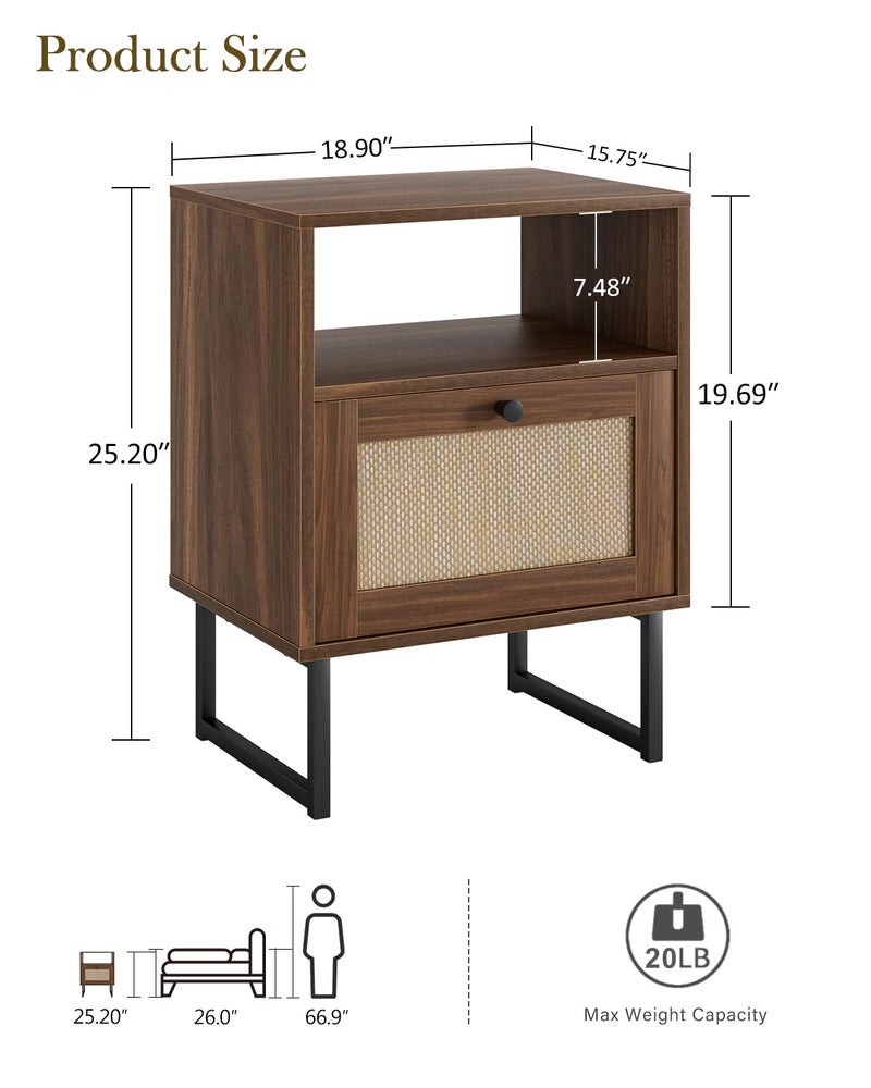 Masupu Extra Large Rattan Nightstand,Modern Boho Farmhouse Wood Bedside Table with Storage Drawer and Open Shelf, Black Frame Side End Table for Bedroom,Living Room,Office (Walnut) - Image 2