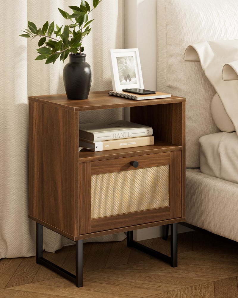 Masupu Extra Large Rattan Nightstand,Modern Boho Farmhouse Wood Bedside Table with Storage Drawer and Open Shelf, Black Frame Side End Table for Bedroom,Living Room,Office (Walnut) - Image 1