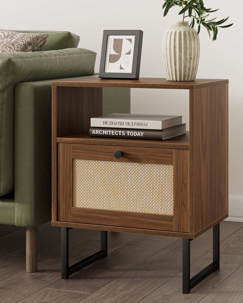 Masupu Extra Large Rattan Nightstand,Modern Boho Farmhouse Wood Bedside Table with Storage Drawer and Open Shelf, Black Frame Side End Table for Bedroom,Living Room,Office (Walnut) - Image 3