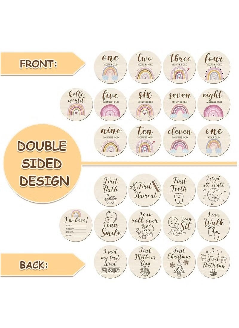 Gonice 13 Pieces Wooden Baby Milestone Cards Boho Rainbow Double Sided Printed Milestone Discs Wood Gift Photo Prop Discs Sets Birth Announcement Sign for Baby Shower and Newborn Photo Props  - Image 3
