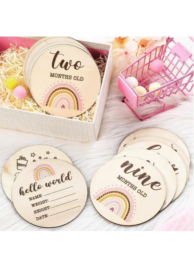 Gonice 13 Pieces Wooden Baby Milestone Cards Boho Rainbow Double Sided Printed Milestone Discs Wood Gift Photo Prop Discs Sets Birth Announcement Sign for Baby Shower and Newborn Photo Props  - Image 5