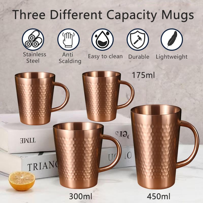 YJX 5.9oz Mugs Set of 4, Hammered 304 Stainless Steel Coffee Cups, Double Wall Insulated Mug, Copper Tea Cup with Handle, Lightweight Teacups, for Tea, Cold Drinks, Beer, Wine, Bars, Parties(175ml) - Image 4
