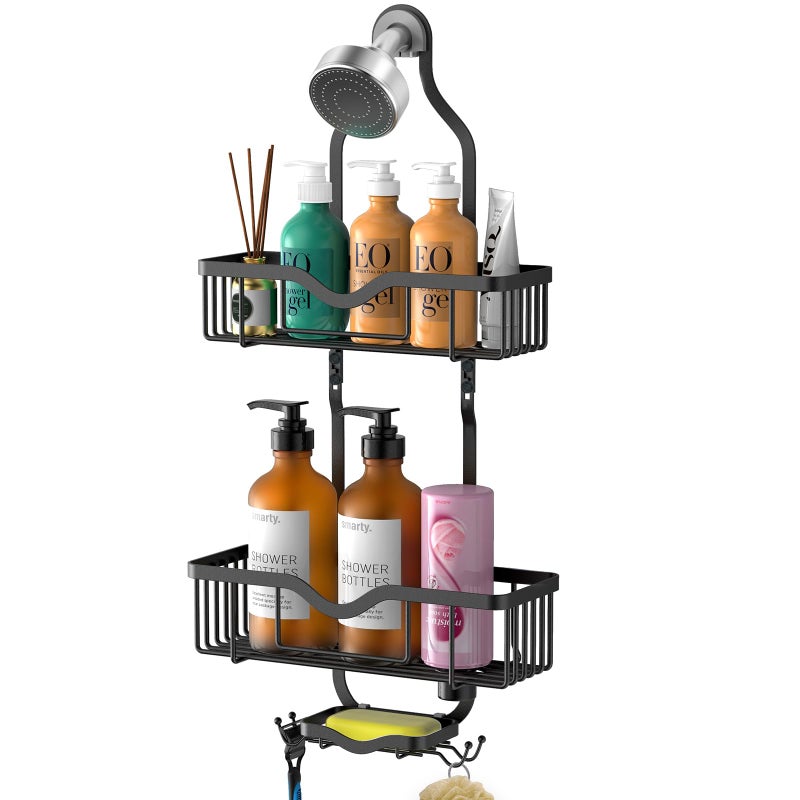 Kadolina Hanging Shower Caddy  Over Head Shower Caddy Shower Organizer Rack Basket with Soap Dish  Hooks for Razor and Sponge (Matte Black) - Image 1
