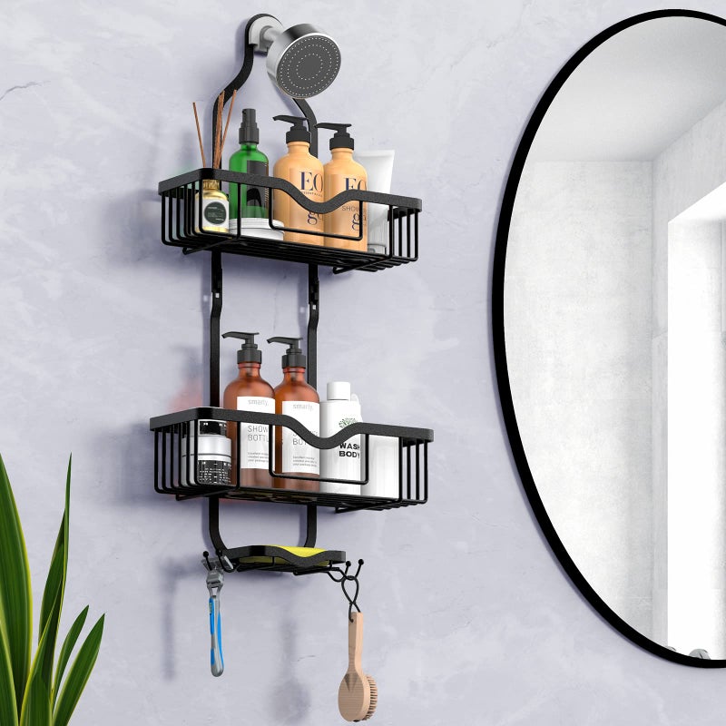 Kadolina Hanging Shower Caddy  Over Head Shower Caddy Shower Organizer Rack Basket with Soap Dish  Hooks for Razor and Sponge (Matte Black) - Image 5