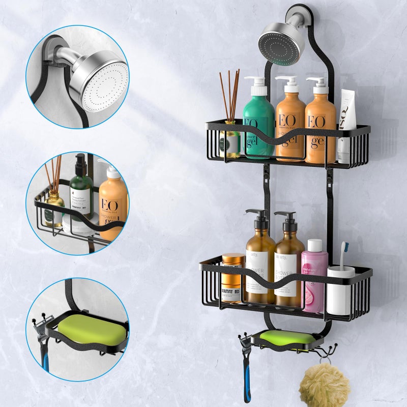 Kadolina Hanging Shower Caddy  Over Head Shower Caddy Shower Organizer Rack Basket with Soap Dish  Hooks for Razor and Sponge (Matte Black) - Image 4