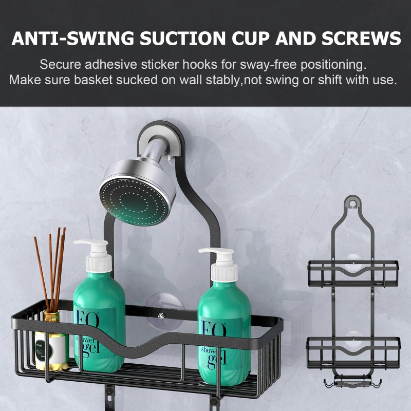 Kadolina Hanging Shower Caddy  Over Head Shower Caddy Shower Organizer Rack Basket with Soap Dish  Hooks for Razor and Sponge (Matte Black) - Image 2