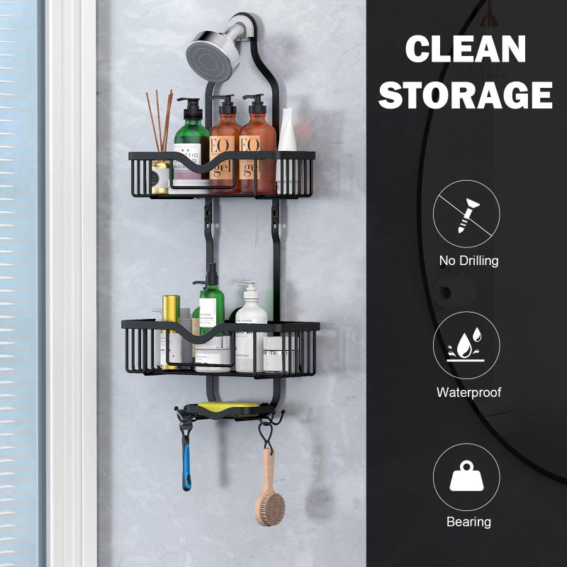 Kadolina Hanging Shower Caddy  Over Head Shower Caddy Shower Organizer Rack Basket with Soap Dish  Hooks for Razor and Sponge (Matte Black) - Image 3