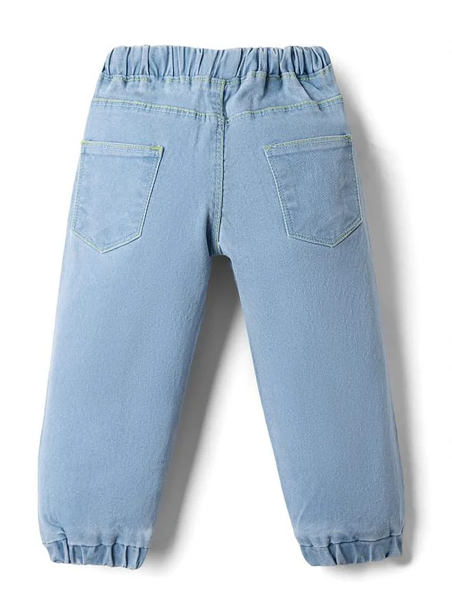Babyhug Babyhug Denim Full Length Washed Joggers with Stretch - Light Blue