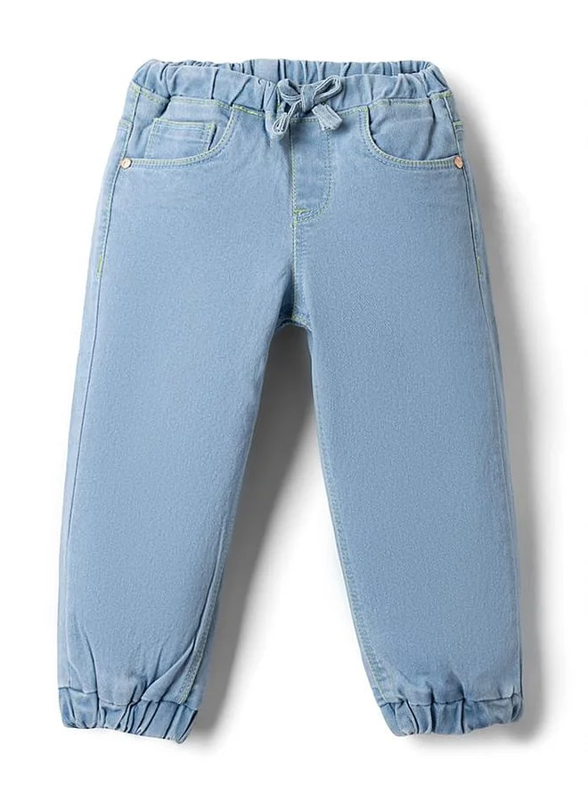 Babyhug Babyhug Denim Full Length Washed Joggers with Stretch - Light Blue
