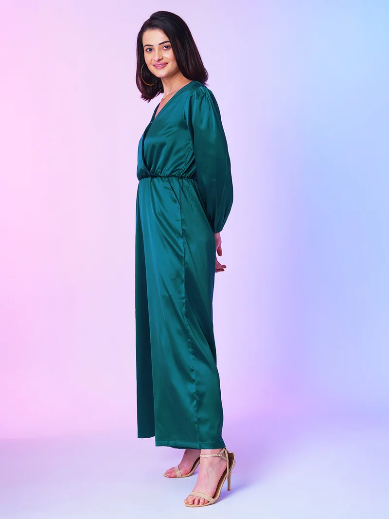 globus Women Teal Green Wrap Neck Wide-Leg Party Jumpsuit
