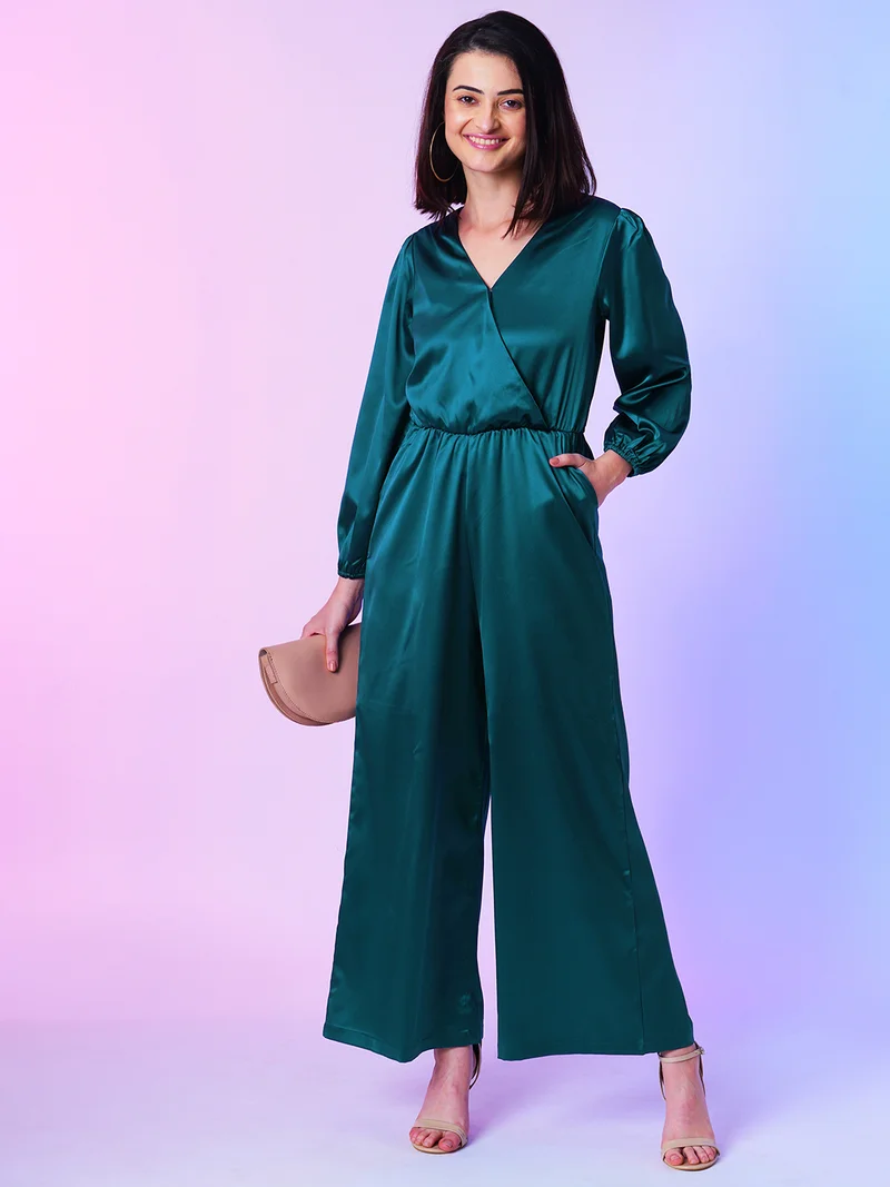globus Women Teal Green Wrap Neck Wide-Leg Party Jumpsuit