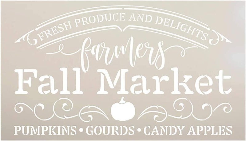Ivanas Ivanas Farmers Fall Market Stencil DIY Autumn Farmhouse Home Decor Craft Paint Wood Sign Reusable Mylar Template Pumpkin Apple Cursive Script Gift Size 1575 inches x 9 inches 