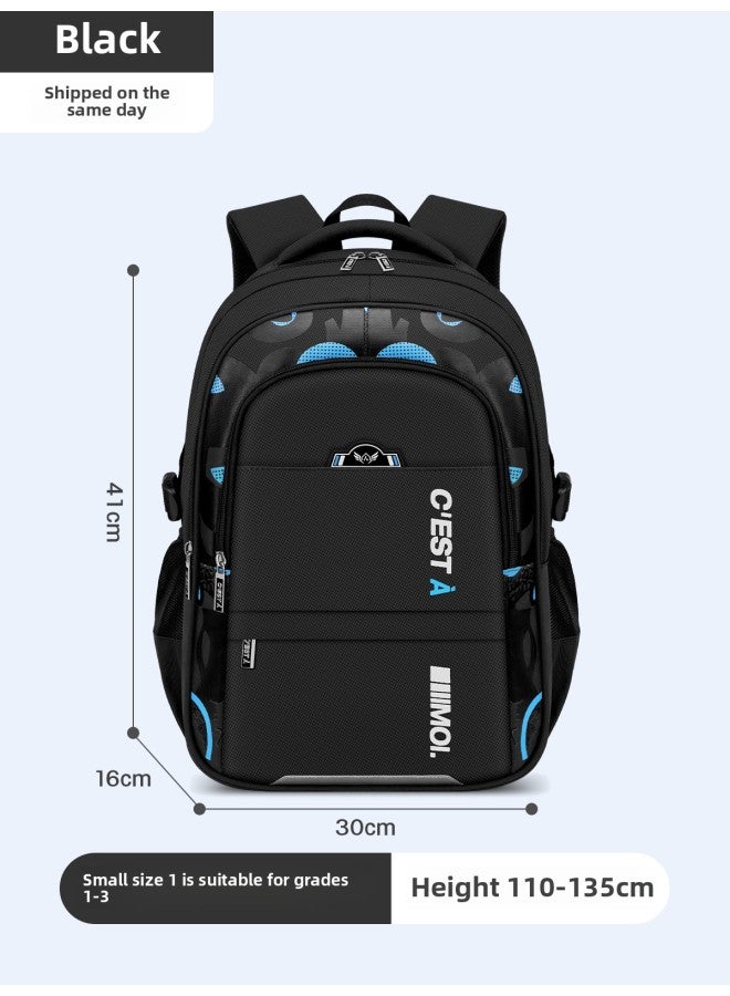 Leather Backpack For Primary School Students Embroidered School Logo Name Tag-Color:Small Size Black (suitable For Grade 1-3)-Size:Schoolbag + Stationery Box - Image 1