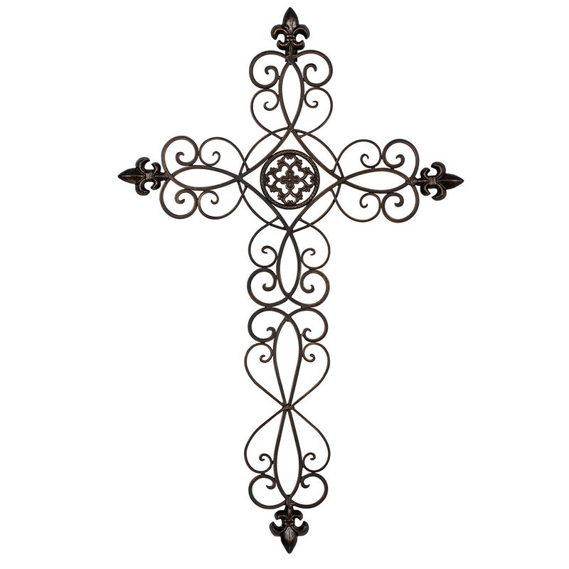 Retrome 28" H Large Cross Wall Decor, Metal Wall Cross for Home Decor, Fleur-De-Lis Decor
