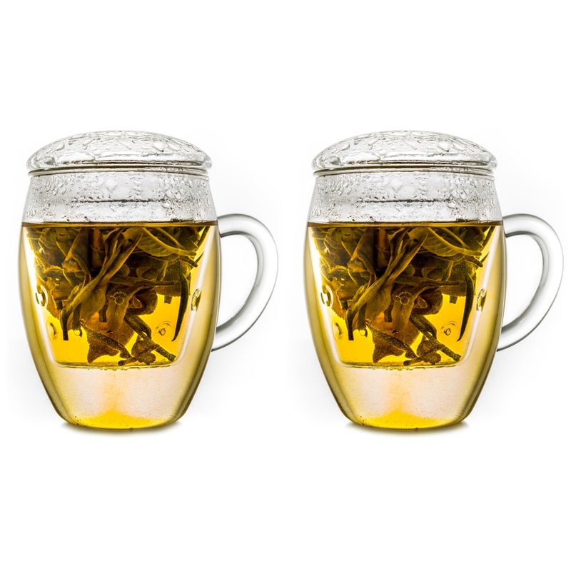 Creano Tea Glass with Infuser and Lid 400ml  Large Tea Cup  Microwave  Dishwasher Safe  Loose Leaf Tea Maker Gift Set  2 pcs Pack of 1