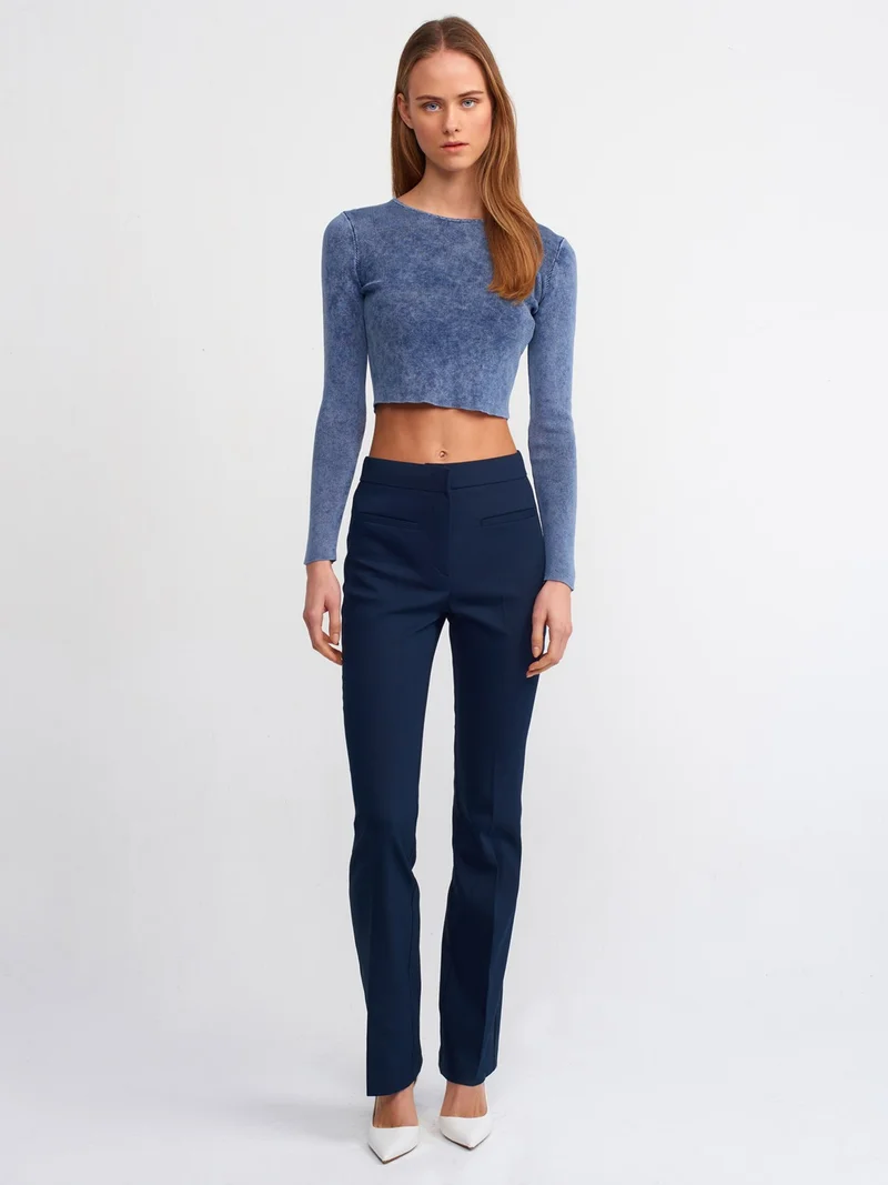 Dilvin 10510 Faded Effect Crew Neck Crop Sweater-Indigo