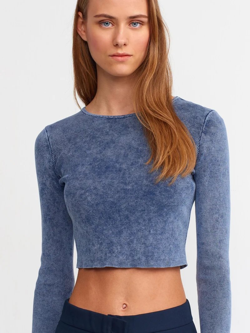 Dilvin 10510 Faded Effect Crew Neck Crop Sweater-Indigo