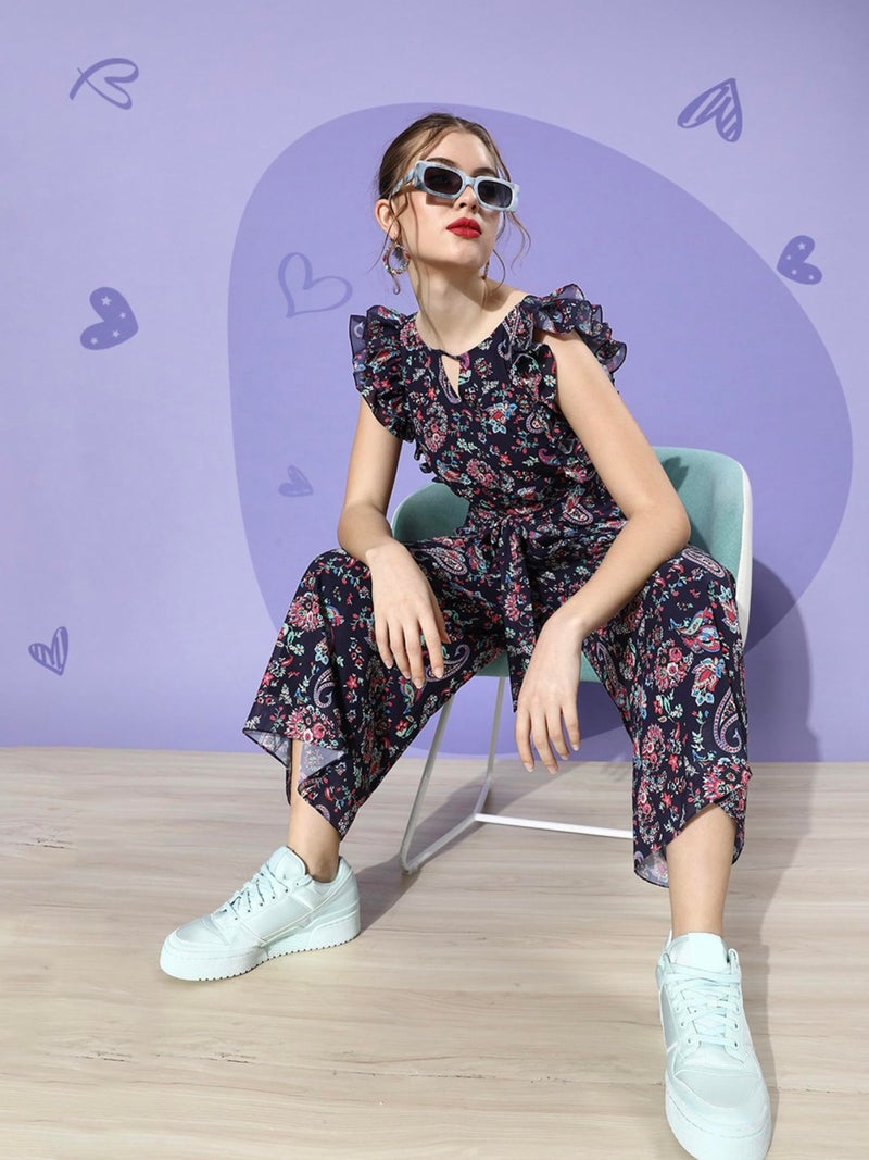 Miss Chase Women's Round Neck Sleeveless Floral Wide Leg Regular Jumpsuit with Pockets (XL, Multicolored-Base-Navy Blue) - Image 2