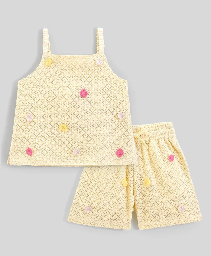 Primo Gino Primo Gino 100% Cotton Top & Shorts Co-ords Set with Crochet Flower - Beige