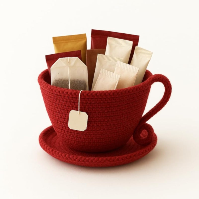 MZ Woven Teacup Storage Basket with Saucer, Tea Bag Organizer, Decorative Cup Shape (Red)
