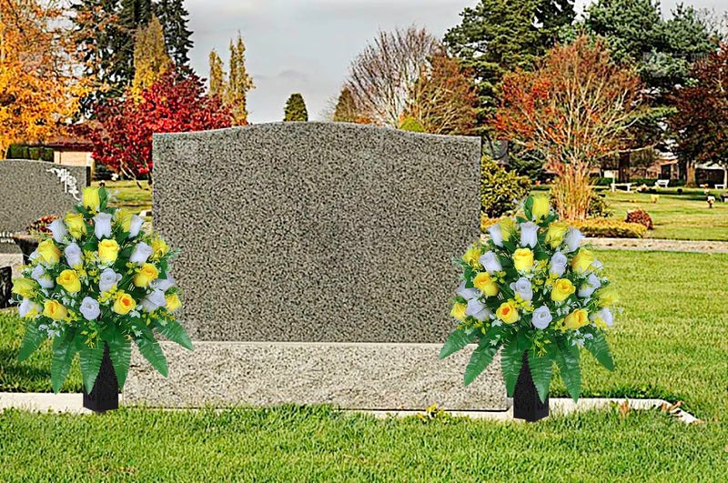 LVXINLI Artificial Cemetery Flowers, Gravesite Decoration Roses, Memorial Bouquets with Cemetery Vase, Vibrant and Long-Lasting Colors (Yellow+White, 2 Bundles) - Image 2