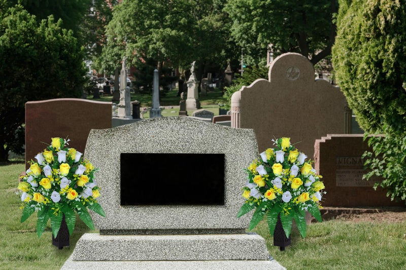 LVXINLI Artificial Cemetery Flowers, Gravesite Decoration Roses, Memorial Bouquets with Cemetery Vase, Vibrant and Long-Lasting Colors (Yellow+White, 2 Bundles) - Image 5