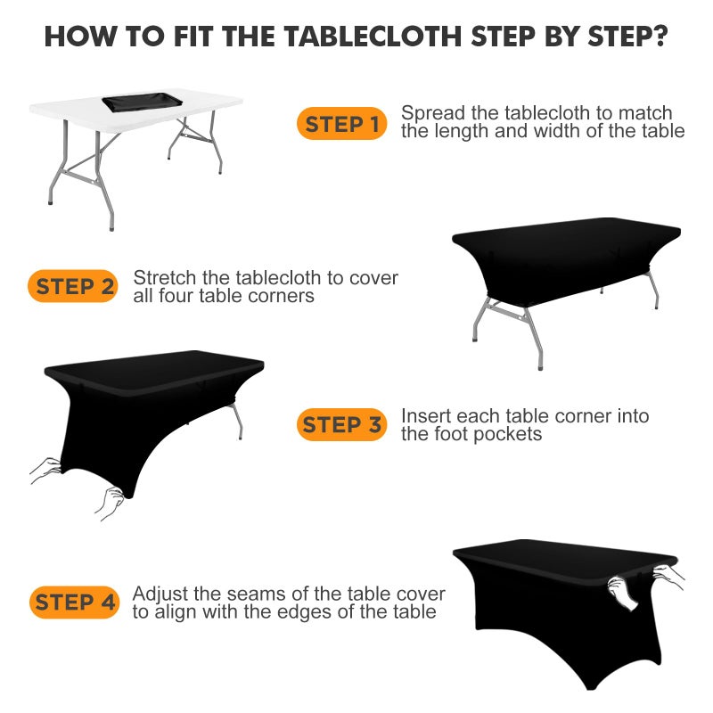 SEPARO PACK 4 حزمة 6 أقدام غطاء دنة أسود غلاف المائدة المستطيلة مستطيلة القماش القابل للتمديد ليكرا طاولة قطعة قماش 6 أقدام خالية من التجاعيد لحفلات حفلات الحفلات حفلات زفاف المأدبة - Image 3