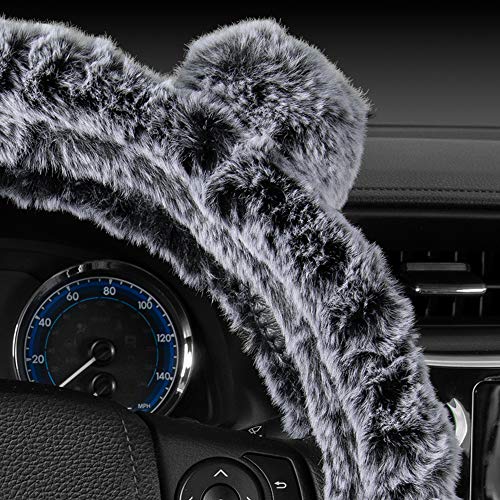 BDK Bear Fur Plush Steering Wheel Cover - Cute Faux Wool Protector for Women Girls Fits Wheels 14.5-15 inch, Bear Fur - Gray with Ears - Image 5