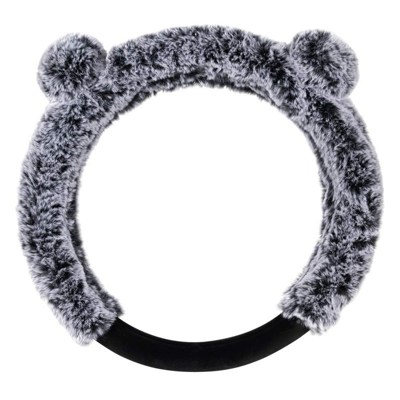 BDK Bear Fur Plush Steering Wheel Cover - Cute Faux Wool Protector for Women Girls Fits Wheels 14.5-15 inch, Bear Fur - Gray with Ears - Image 4