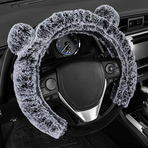 BDK Bear Fur Plush Steering Wheel Cover - Cute Faux Wool Protector for Women Girls Fits Wheels 14.5-15 inch, Bear Fur - Gray with Ears - Image 2
