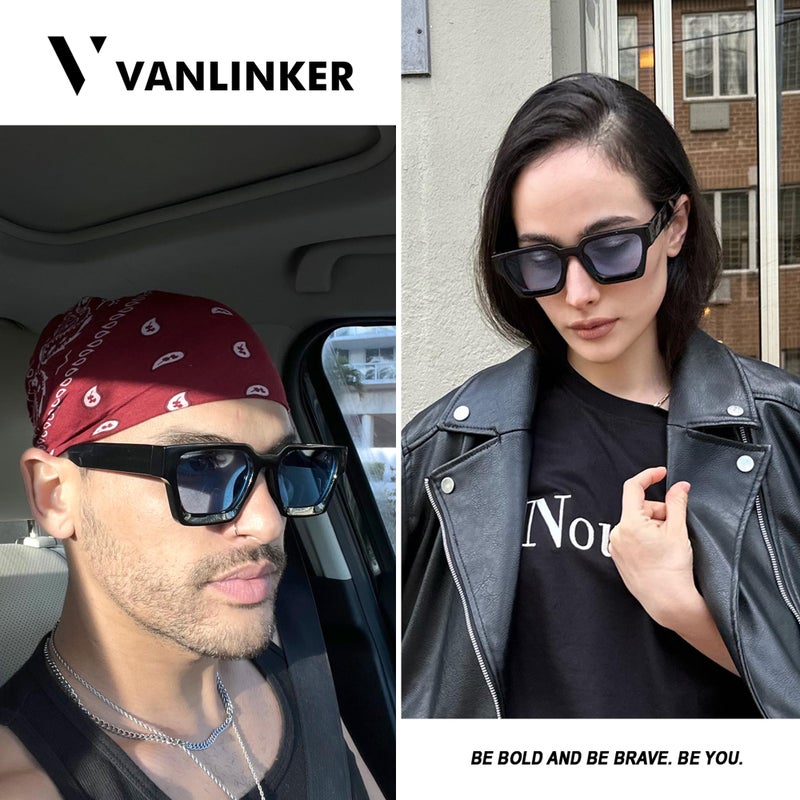 VANLINKER Thick Square Sunglasses for Men Women Retro Chunky Rectangle Shades UV400 Protection VL9731 Black Frame/Blue Tinted Lense - Image 2