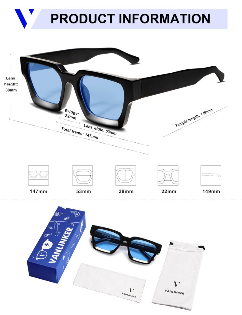 VANLINKER Thick Square Sunglasses for Men Women Retro Chunky Rectangle Shades UV400 Protection VL9731 Black Frame/Blue Tinted Lense - Image 5
