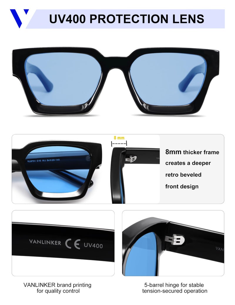 VANLINKER Thick Square Sunglasses for Men Women Retro Chunky Rectangle Shades UV400 Protection VL9731 Black Frame/Blue Tinted Lense - Image 4