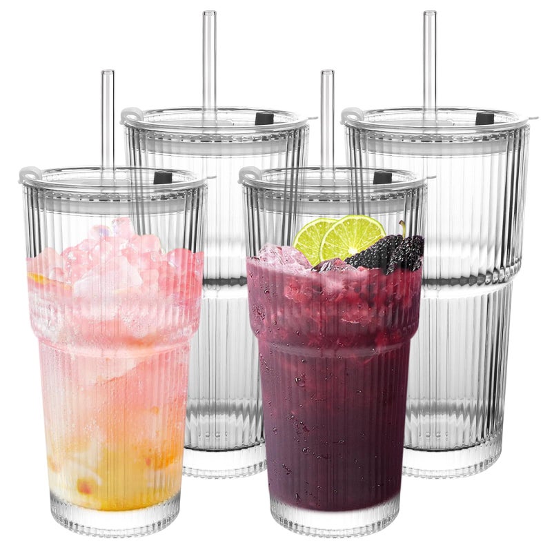 CHPINDAM Ribbed Drinking Glasseswith Lids and Straws Glass Cup19oz Glass cup4 Pack Old Fashioned GlassesThickened for iced coffeescocktails and juices perfect for families and parties 4