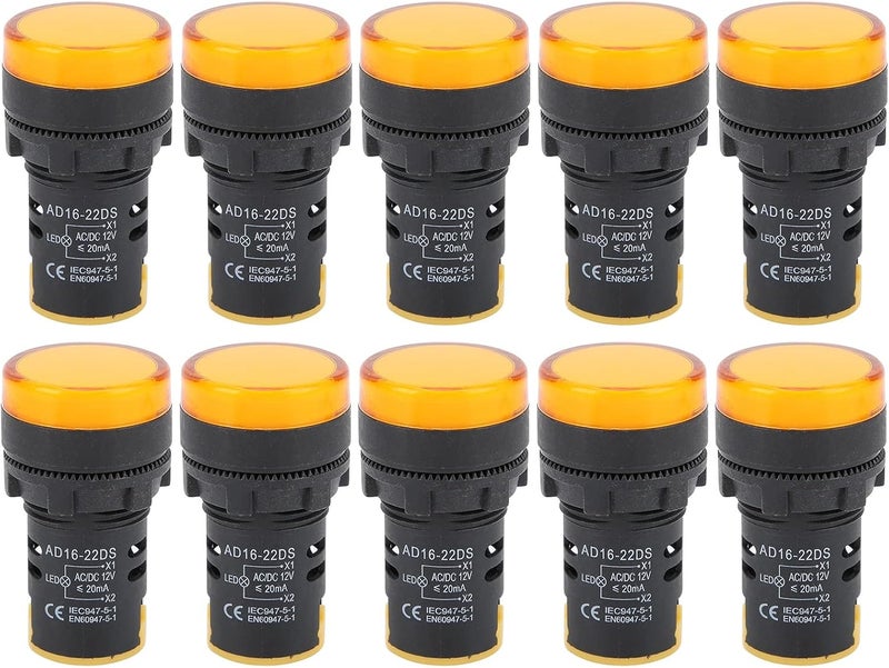 مصابيح إشارة LED عدد 10 قطعة، طراز AD16-22DS، سطوع عالي، لون أصفر - مصنوعة من مادة ABS متينة، سهلة التركيب، مثالية للمعدات والأجهزة (جهد كهربائي AC/DC12V) - Image 1