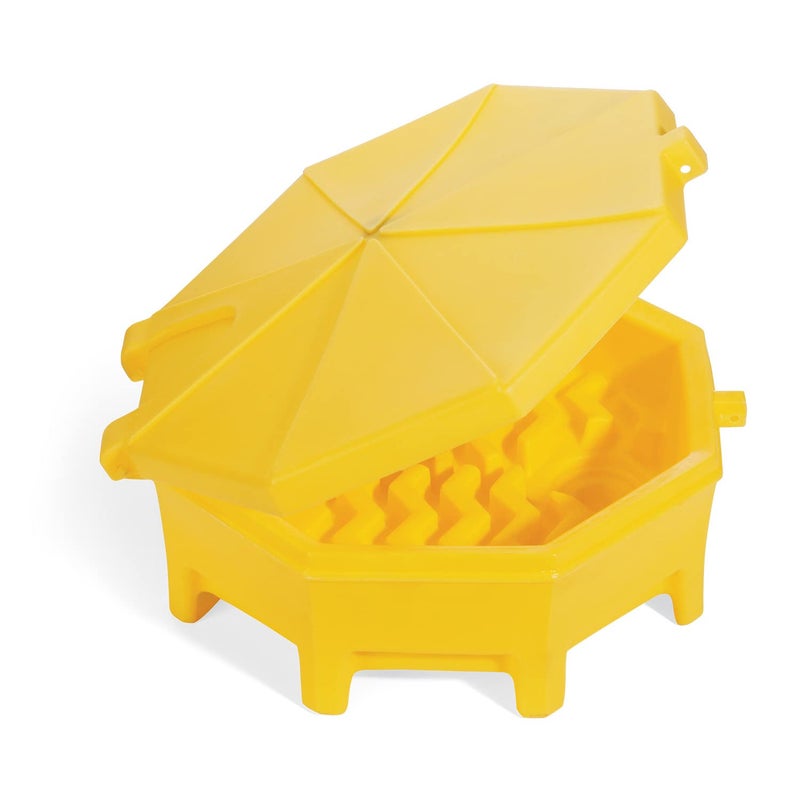 PIG Poly Drum Funnel | Hinged Lid | for 55 Gal Tight-Head Steel & Poly Drums | 29" D x 11" H | Yellow | DRM672-YW - Image 1