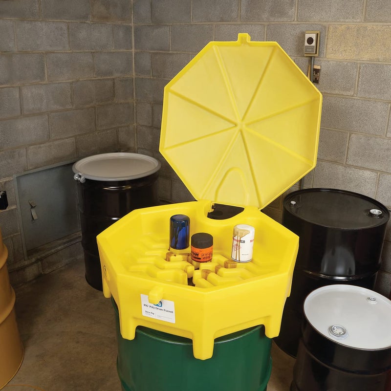 PIG Poly Drum Funnel | Hinged Lid | for 55 Gal Tight-Head Steel & Poly Drums | 29" D x 11" H | Yellow | DRM672-YW - Image 5