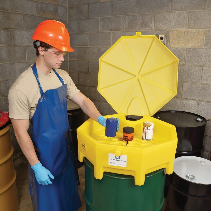 PIG Poly Drum Funnel | Hinged Lid | for 55 Gal Tight-Head Steel & Poly Drums | 29" D x 11" H | Yellow | DRM672-YW - Image 4