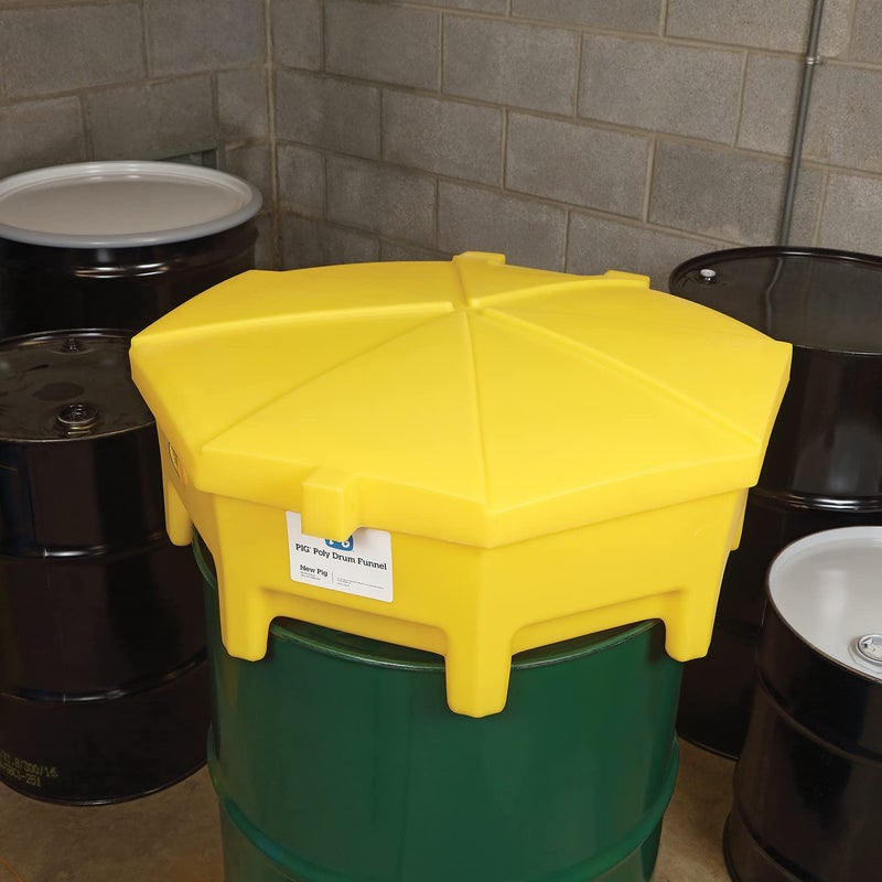 PIG Poly Drum Funnel | Hinged Lid | for 55 Gal Tight-Head Steel & Poly Drums | 29" D x 11" H | Yellow | DRM672-YW - Image 3