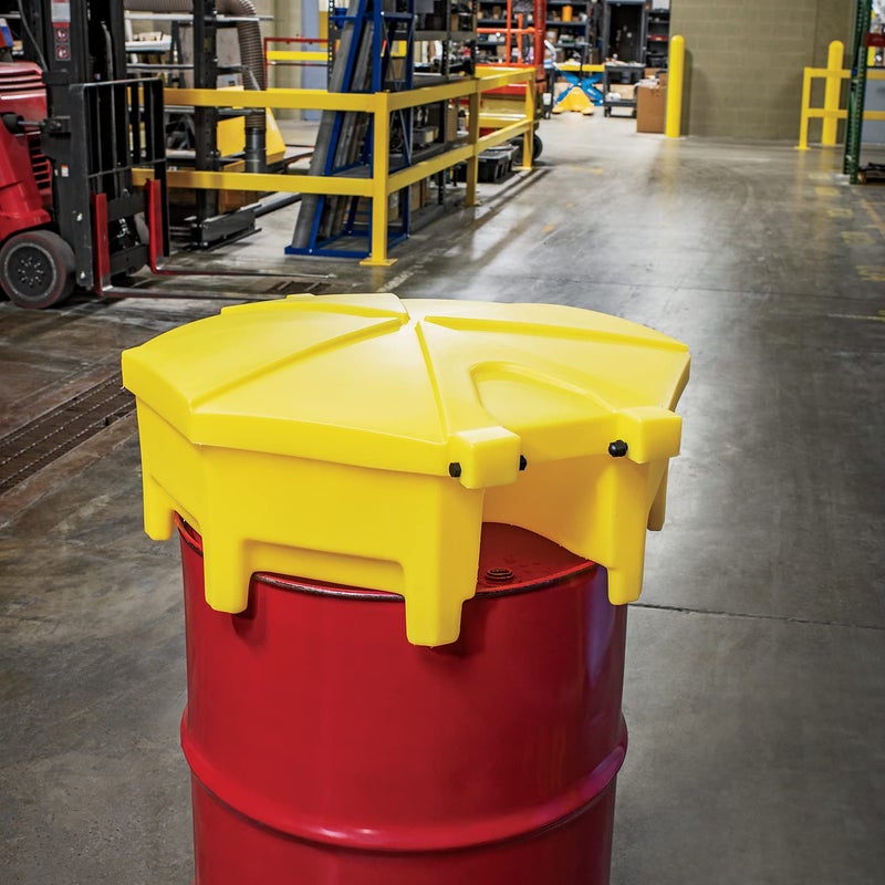 PIG Poly Drum Funnel | Hinged Lid | for 55 Gal Tight-Head Steel & Poly Drums | 29" D x 11" H | Yellow | DRM672-YW - Image 2