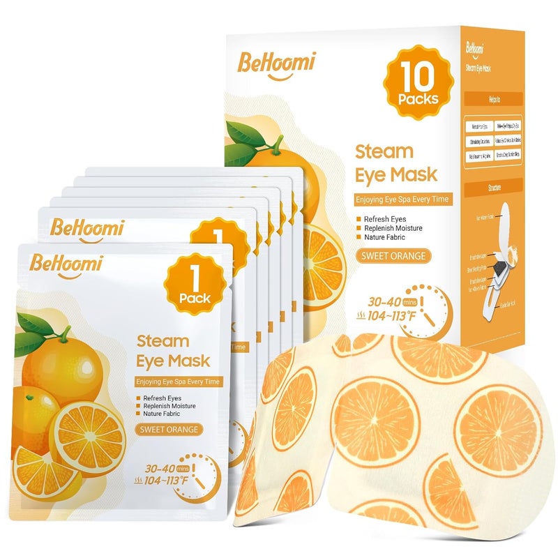 BeHoomi Steam Eye Mask 10 Packs Heated Eye Mask Self Heating Disposable SPA Warm Compress for Eyes Sleep Mask Soothing Moist Heat Eye Masks Travel Essentials  Relaxation Gifts Orange Scent 