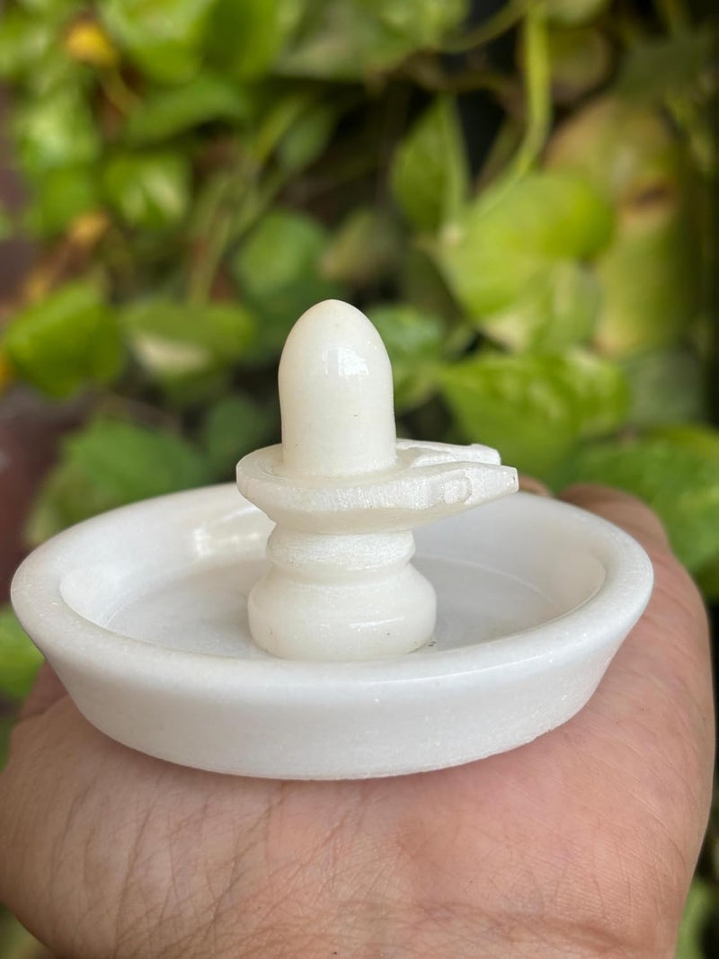 Salvus APP SOLUTIONS White Marble ShivlingShiva Pindi with White Marble Plate for Jalabhishek Divine HomeOffice Decor Gifting Plate 3 in Shivling 2 in - Image 1