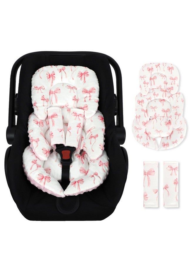 DAYEEBALL Infant Car Seat Insert Cushion, Baby Car Seat Head Body Support for Girls & Boys, Reversible Newborn Car Seat Insert with 2 Extra Strap Paddings, Premature Car Seat Cushion, Pink Bow - Image 1