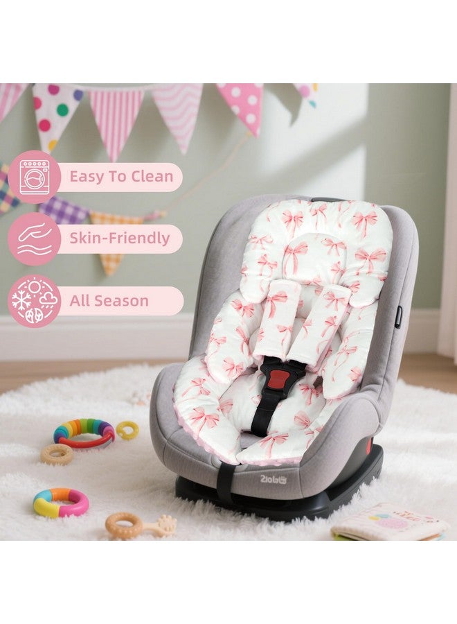 DAYEEBALL Infant Car Seat Insert Cushion, Baby Car Seat Head Body Support for Girls & Boys, Reversible Newborn Car Seat Insert with 2 Extra Strap Paddings, Premature Car Seat Cushion, Pink Bow - Image 2