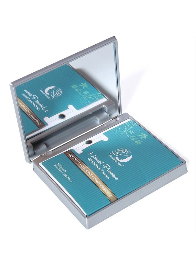 PleasingCare Makeup Mirror with Facial Oil Blotting Paper Sheets - Bamboo Charcoal 100 Counts, Silver Compact Folding Cosmetic Travel Mirror - Image 1
