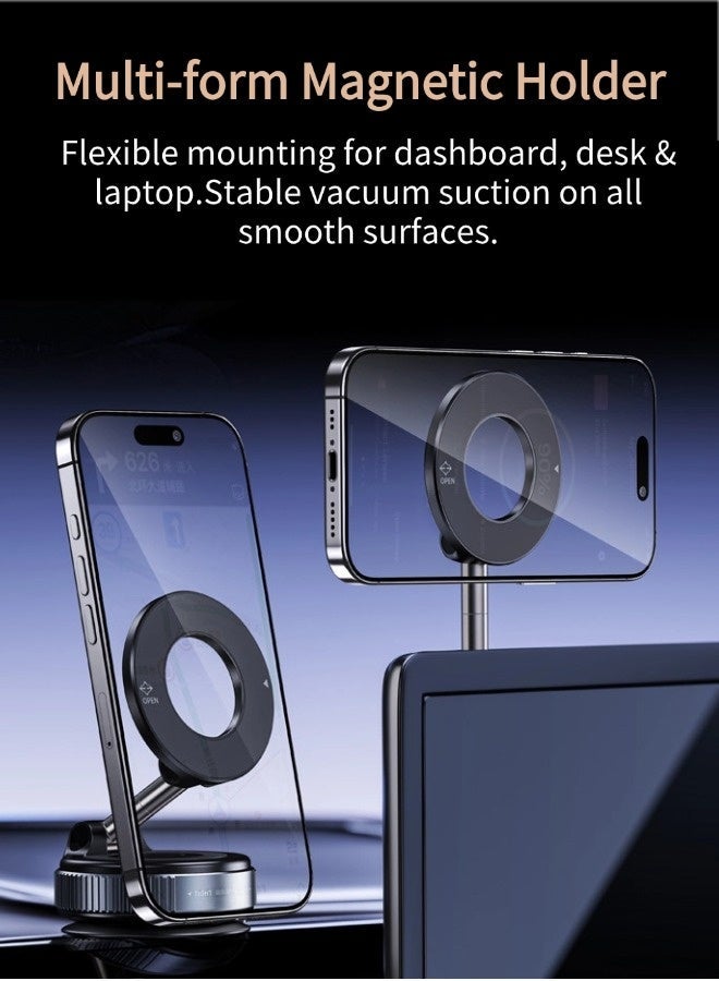 Hapinsyn Magsafe Magnetic Car Phone Holder, 3600gf N55 Strong Magnet Foldable Metal Arm 360° Rotatable Anti-Shake Car Mount, Alloy Magnetic Phone Stand with Magnetic Ring Universal Vacuum Magnetic Phone Stand for iPhone 17 16 15 Samsung Android, Fit Car Dashboard Desk Mirror Surfaces Black - Image 2